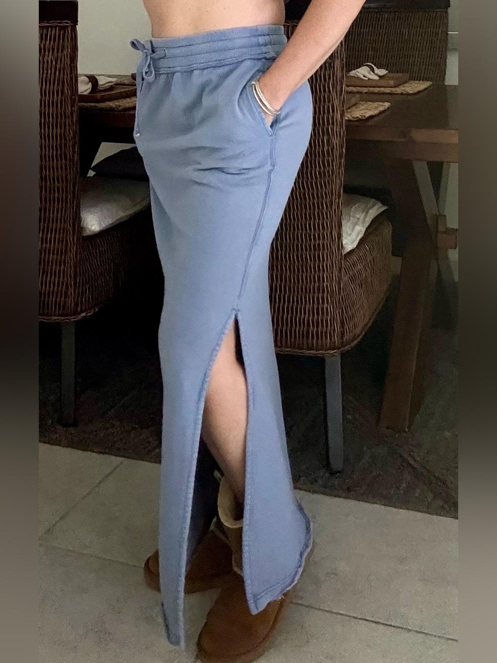 Relaxed Drawstring Maxi Skirt with Side Slit - Dusty Blue